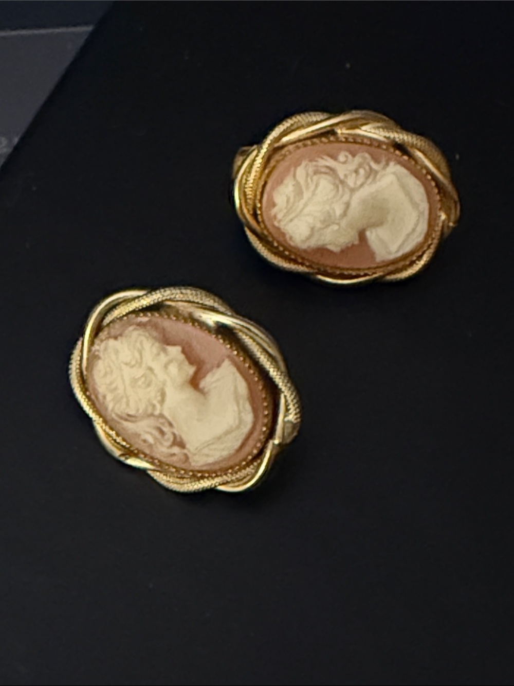 Vintage Cameo Clip On Earrings in Cream and Brown with Gold Frame